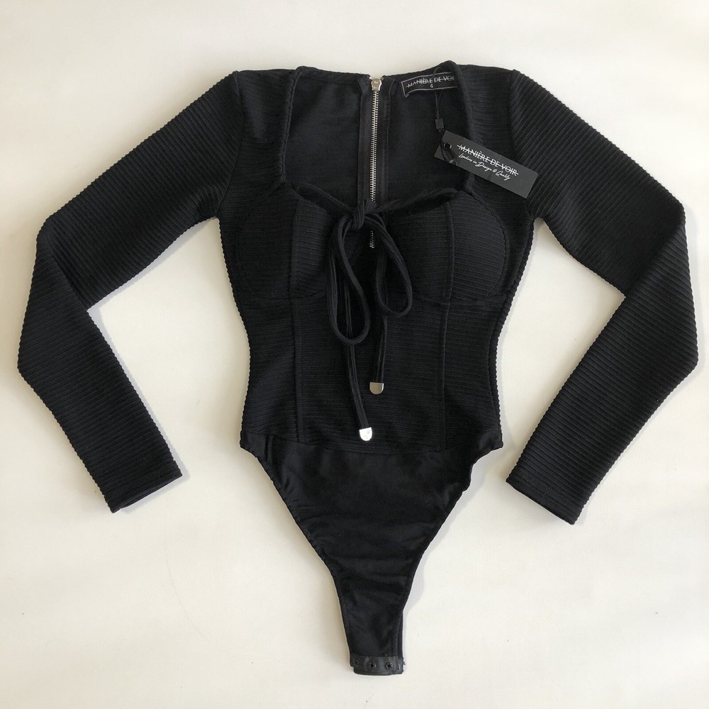 MANIERE DE VOIR Women’s LS Black Wired Pads Built Bra Corrugated Bodysuit Sz 6