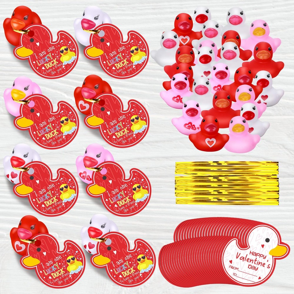 30 Mini Rubber Duck Valentine's Day Gift Set with Cards