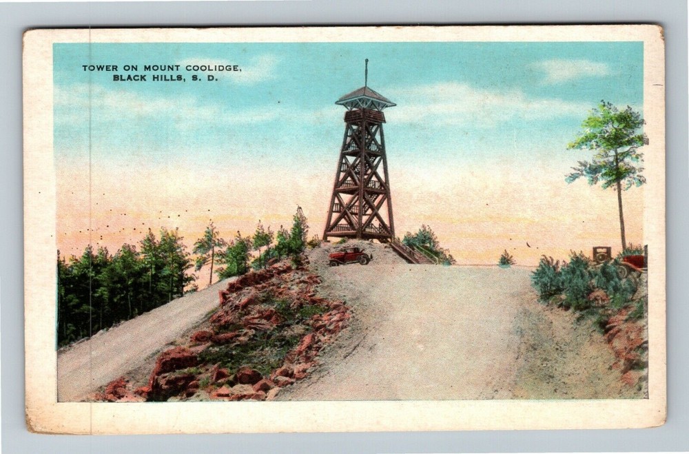 Black Hills SD-South Dakota, Mount Coolidge, Tower, Roadway Vintage Postcard