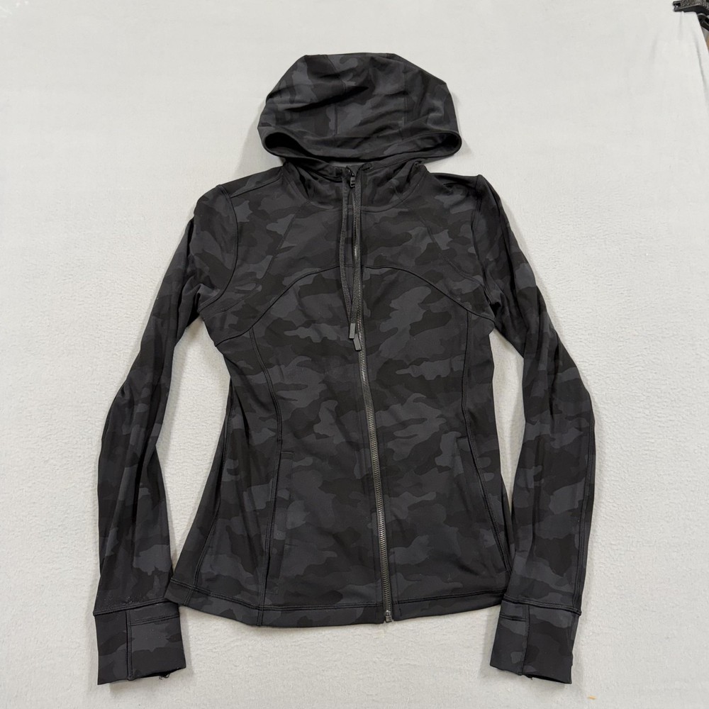 Lululemon Jacket Womens 12 Black Camo Hooded Full Zip Running Athletic Track
