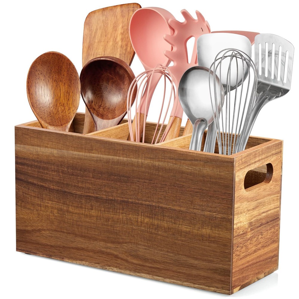 Acacia Wood Utensil Holder for Kitchen Counter - 3 Compartment Large Kitchen ...-image