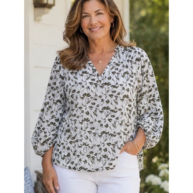 Monday Fun Womens Blouse White Green Floral Plus 2X V-Neck Balloon Sleeve Boho