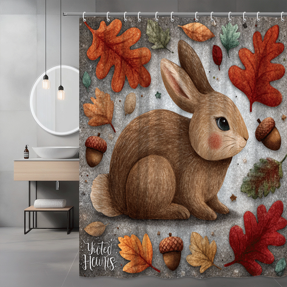 Fall Bunny Shower Curtain, Autumn Leaves and Acorns Print