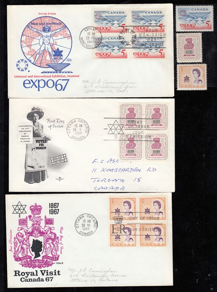 1967 #469-471 5¢ COMMEMORATIVE ISSUE 3 FIRST DAY COVERS F-VF + MINT STAMPS
