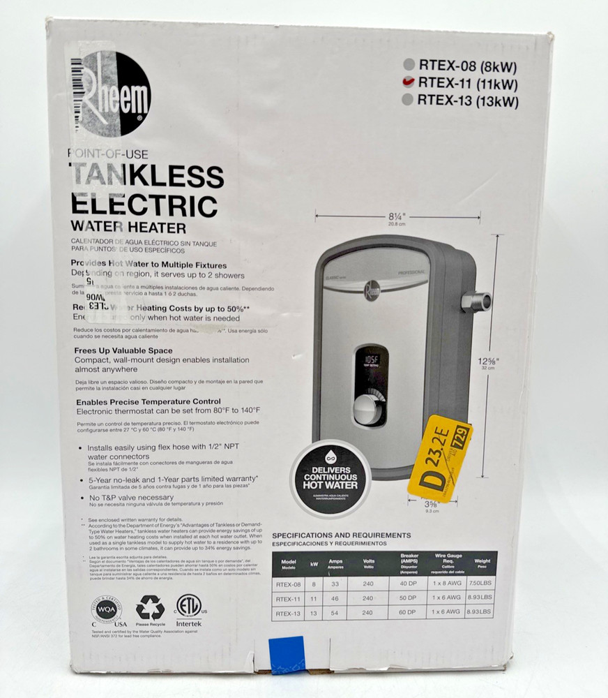 Rheem 11kW 240V Tankless Electric Water Heater Point-of-Use, 11 kw