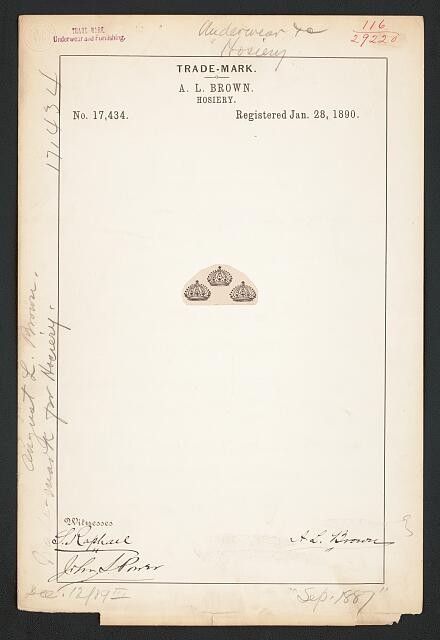 [Trademark registration by A. L. Brown for [Three crowns Logo] brand Hosiery]