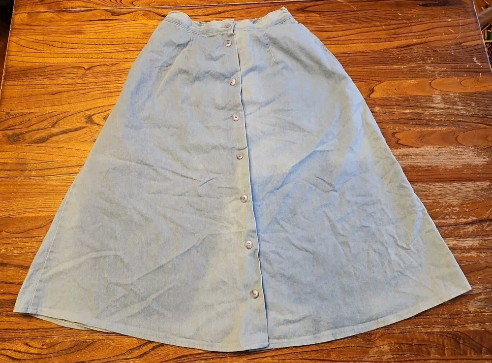 Vintage Womans Button Down Long Jean Skirt 8 Cotton Blue A Line Elastic Back