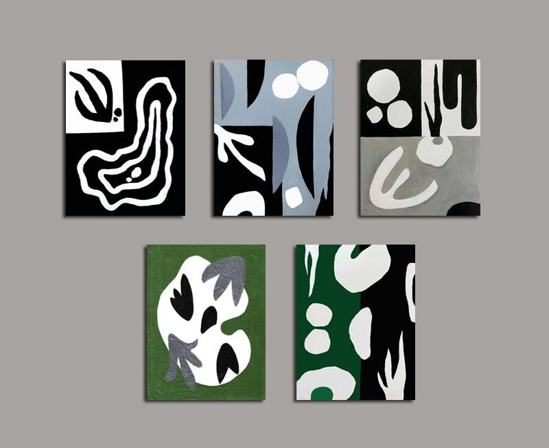 Set of 5 Original Abstract Acrylic Paintings Mid Century Modern Art Wall Decor
