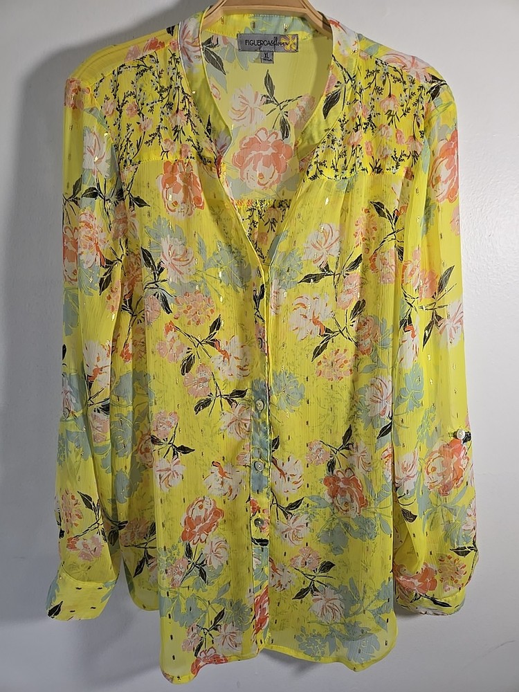 Fig And Flower Anthropologie Boho Button Down Blouse Sz XL Roll Tab Sleeve