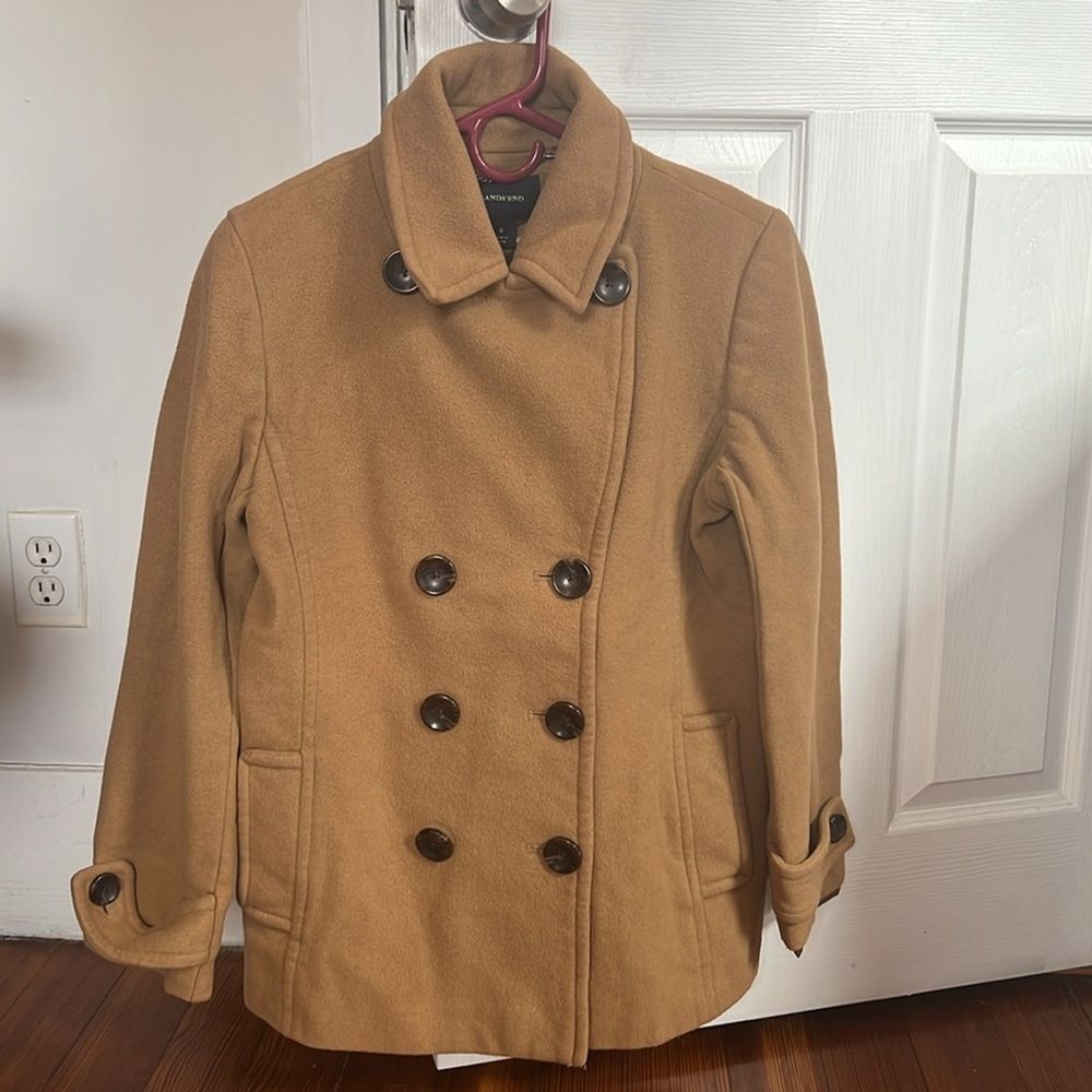 Lands End Womens Beige Wool Blend Peacoat Winter Jacket Size 8 Polyester Lining