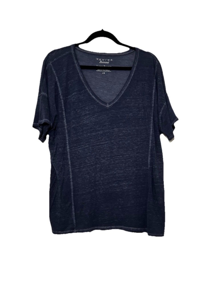 Lucky Brand Venice Burnout T-Shirt Women's Large Navy Blue V-Neck Short Sleeve