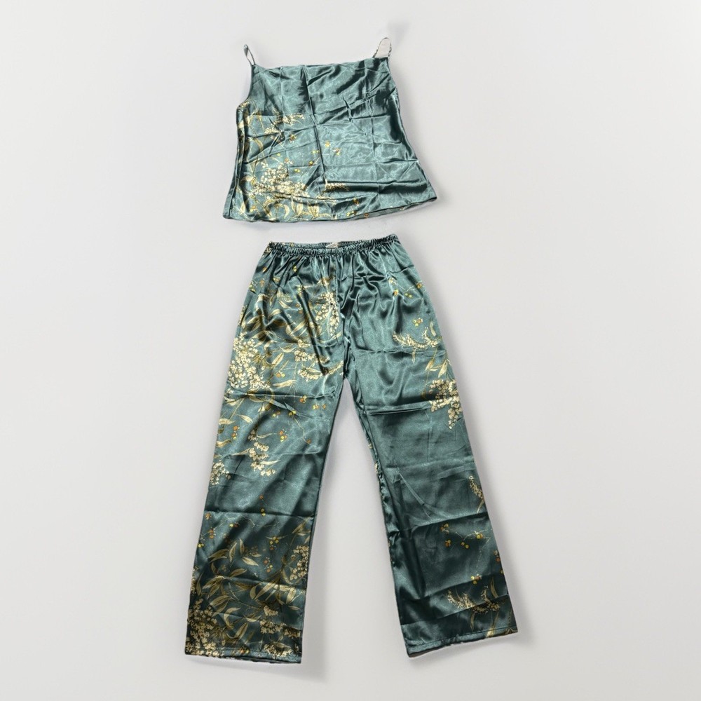Unbranded Satin Pajama Set Tank Pants Floral Print Women Size XL Green