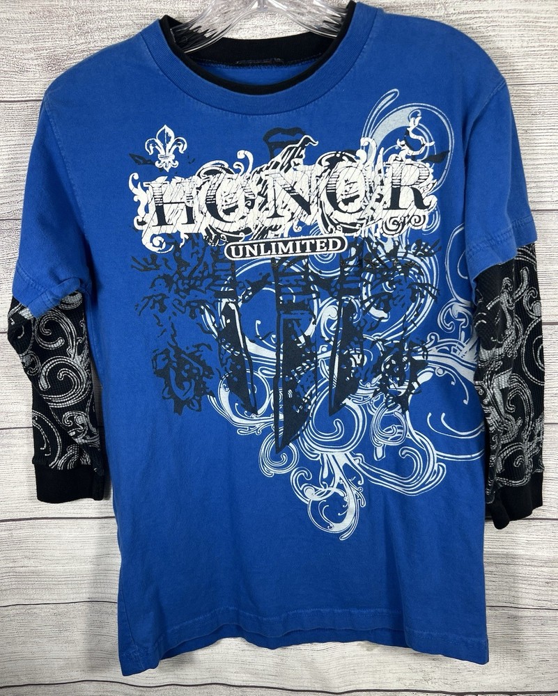 Y2K Honor Unlimited Graphic Layered Shirt Youth Large Blue Grunge