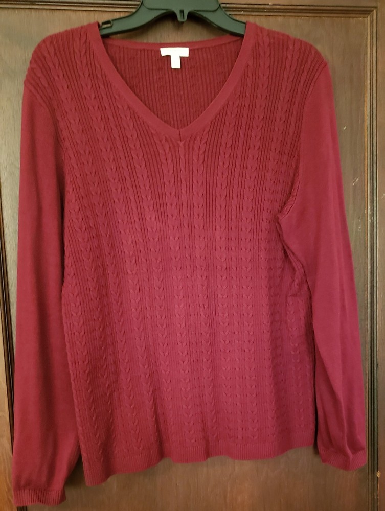 Talbot's Pullover Sweater XL Maroon V-Neck Cable Knit Long Sleeves 100% Cotton