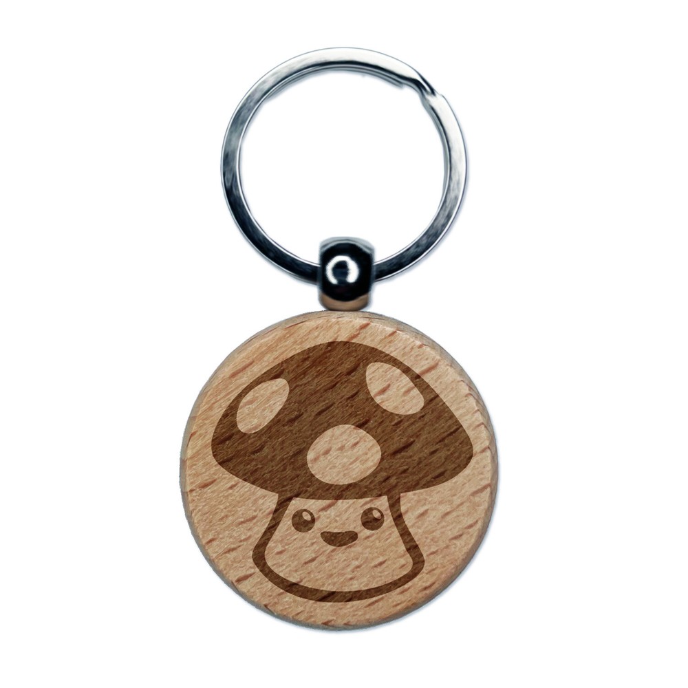 Cute Kawaii Toadstool Mushroom Engraved Wood Round Keychain Tag Charm