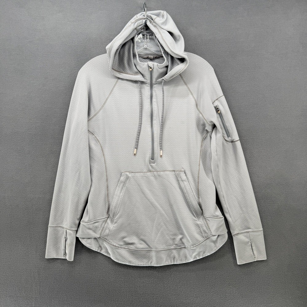Athleta Hoodie Womens Grey Striped Half Zip Thumbhole Pullover Size Medium