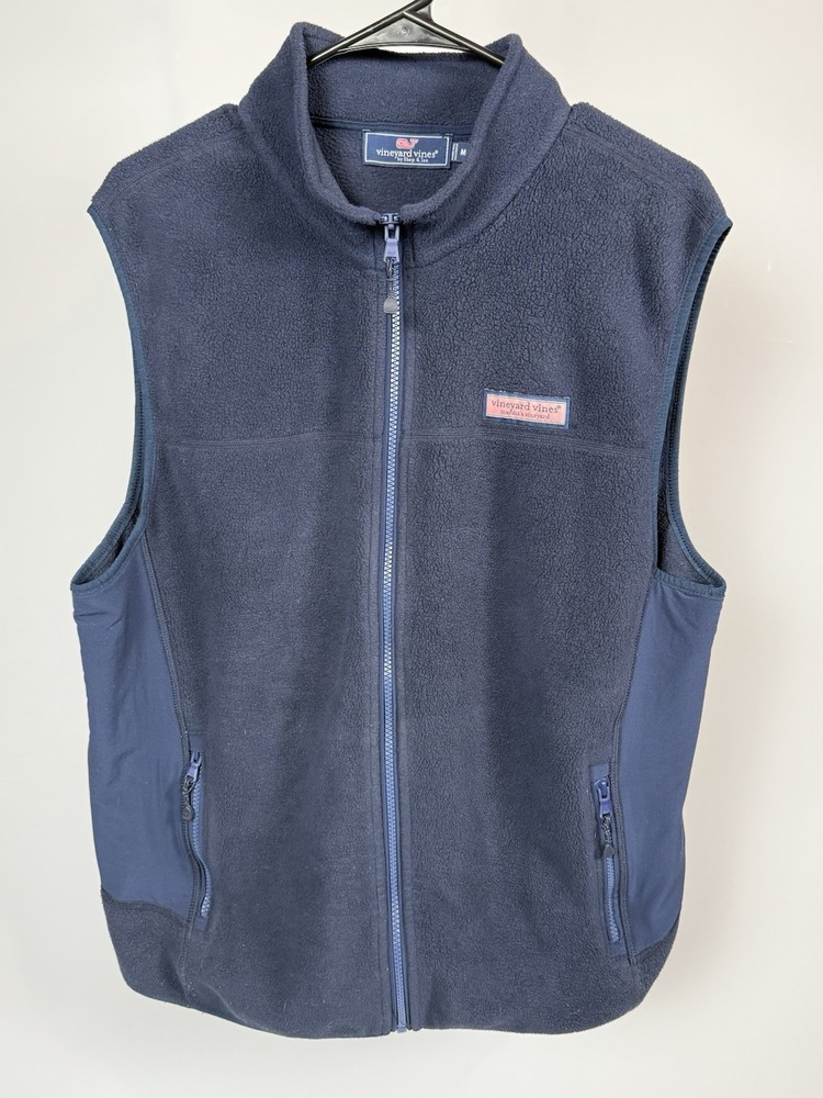 Vineyard Vines Men's M Navy Blue Fleece Lightweight Full Zip Sweater Vest  Logos