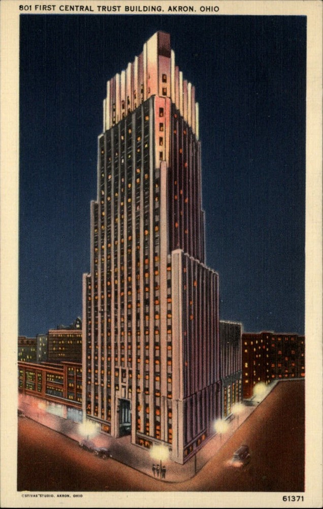 First Central Trust Building at night ~ Akron Ohio ~ 1930s-40s linen postcard