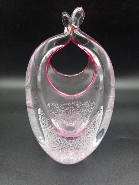 Italian Glass Vase Basket Bow Bubble Pink Mid Century Modern Murano Style