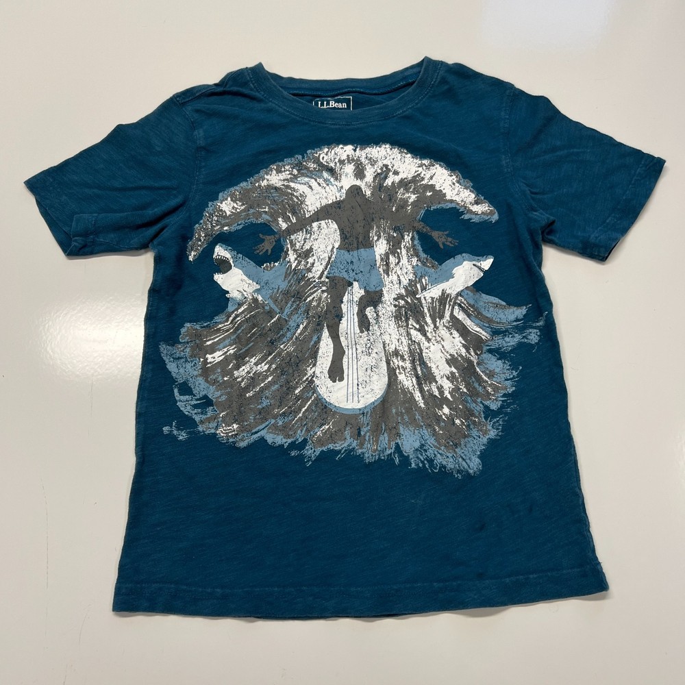 L.L.Bean Boys Medium 10-12 Surf Wave Graphic T Shirt Blue Dolphin Ocean Tee