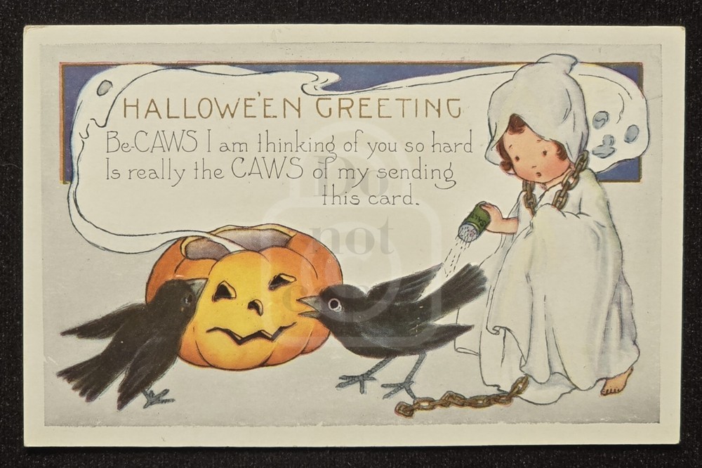 Scarce Halloween Postcard of JOL, Ghost, and Crows. Whitney. C 1910's