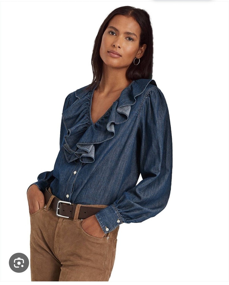 Lauren Ralph Lauren Women’s Blue Ruffle-Trim Denim Blouse V-Neck Size L