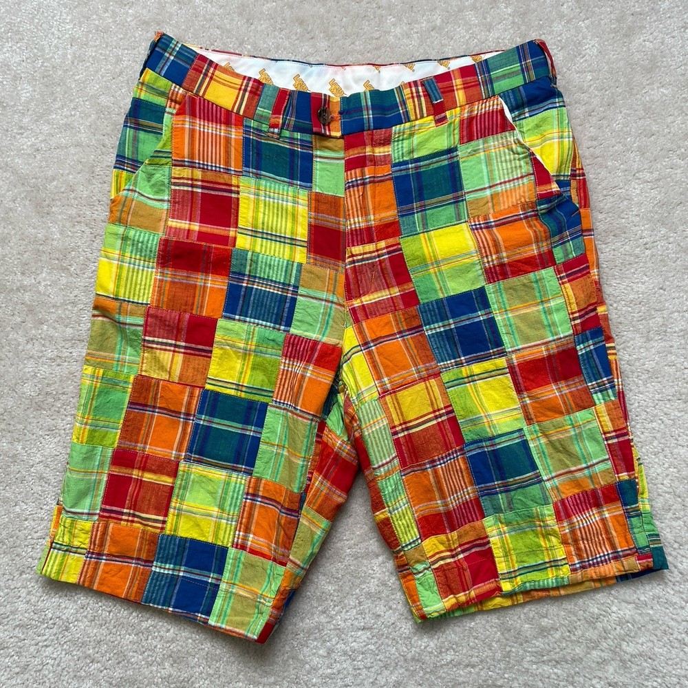 Loudmouth Golf Shorts Mens 34 Madras Plaid MultiColor 100% Cotton Colorful