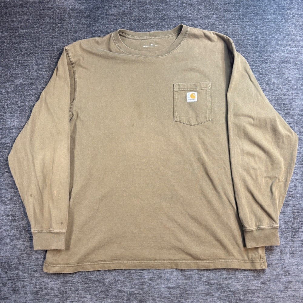 Carhartt Mens XL Long Sleeve Pocket T-Shirt Brown Workwear Distressed K126
