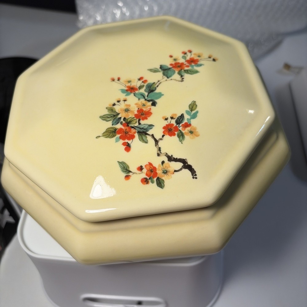 Vintage Ceramic Trinket Box with Yellow Rose With Floral Design and Lid