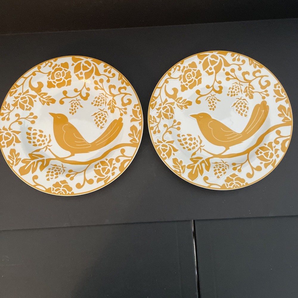 Pier 1 (2) Yellow Bird Floral Stoneware Salad/ Dessert Plate 8”