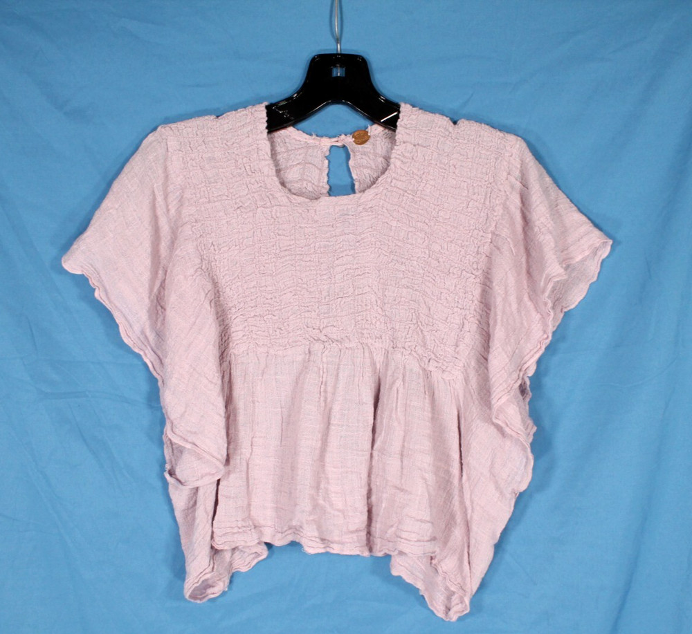 FREE PEOPLE Pink GAUZE 2-Button Open Back CROP Flutter Sleeves HYACINYTH TOP S