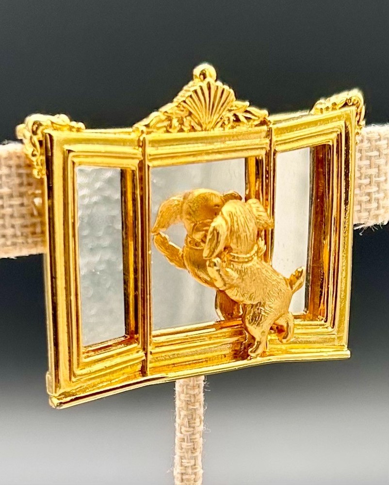 Rare Vintage JJ Jonette Jewelry Gold tone Puppy Dog Looking In Mirror Brooch Pin