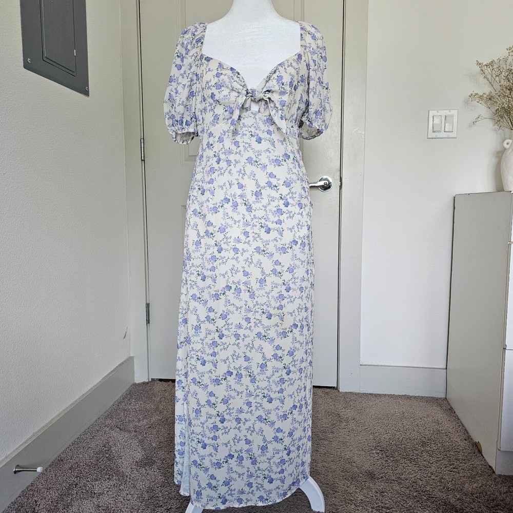 Altar'd State Karen Floral Puff Sleeve Tie Front Maxi Dress Medium Cottagecore