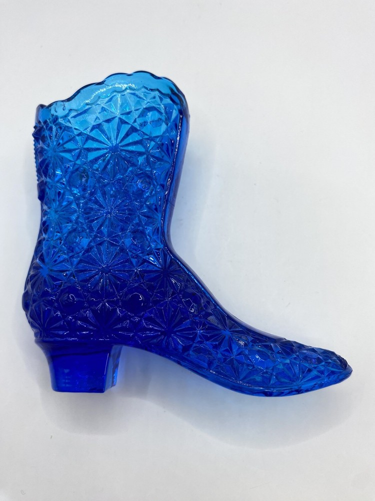 Vintage Fenton Glass Electric Blue Button Daisy Boot Marked