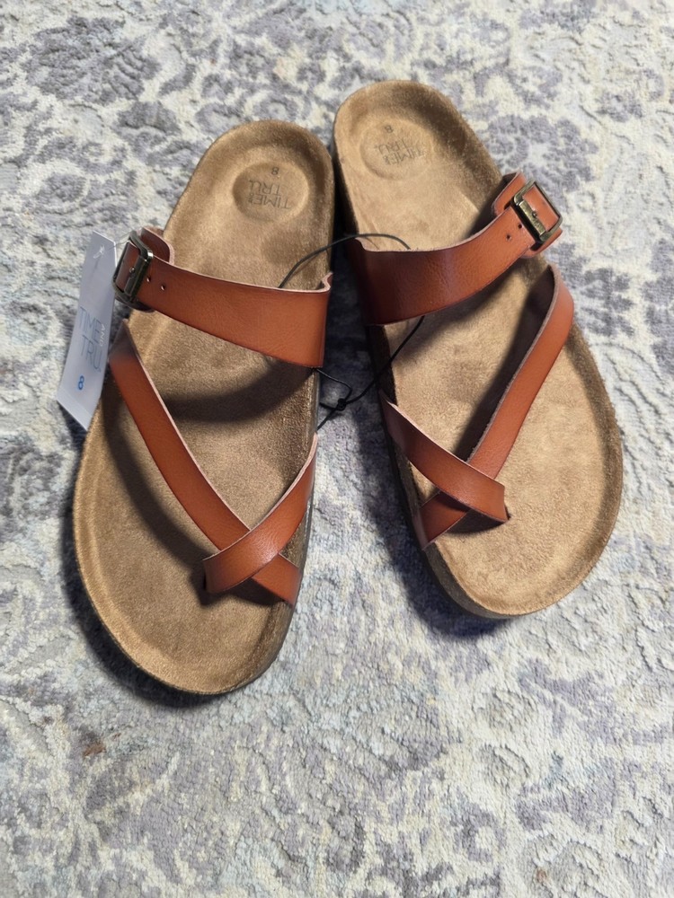 Time and Tru Women's Asymmetric Strap Cork Footbed cognac thong Sandals, New