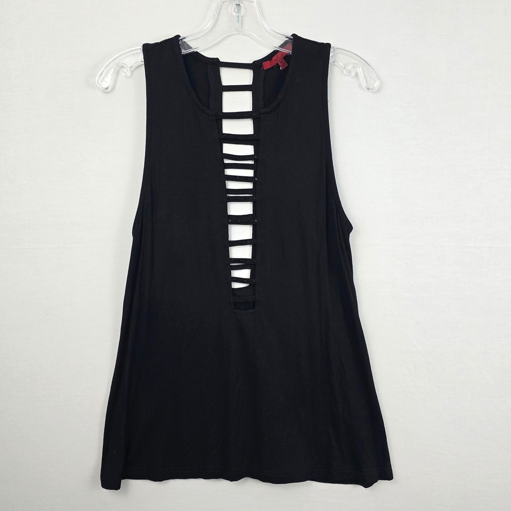 Red BKE Open Front Back Design Rhinestones Tank Top M Black