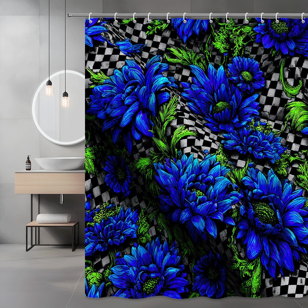Blue Floral Checkered Shower Curtain Black White Print