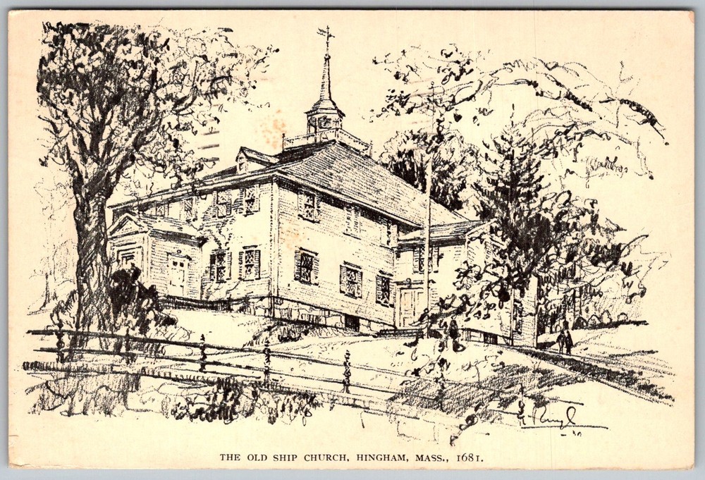 Antique Postcard Old Ship Church 1681 Hingham, MA 1910s