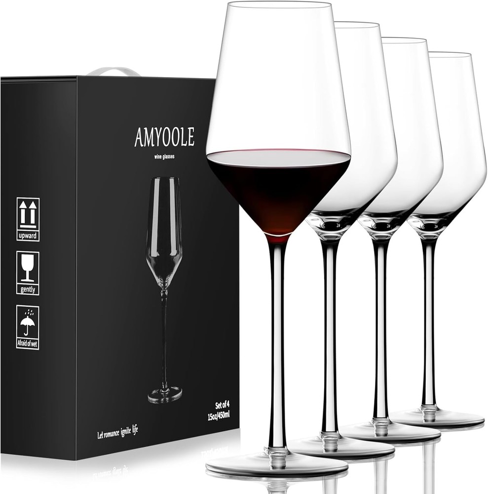 Red Wine Glasses Set of 4,15 oz Lead-Free Crystal Clear Wine Glass Hand-Blown