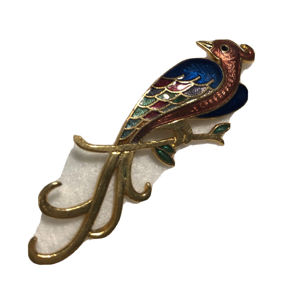 Vintage Peacock Pheasant Bird Pin Brooch Colorful Enamel And Gold Tone