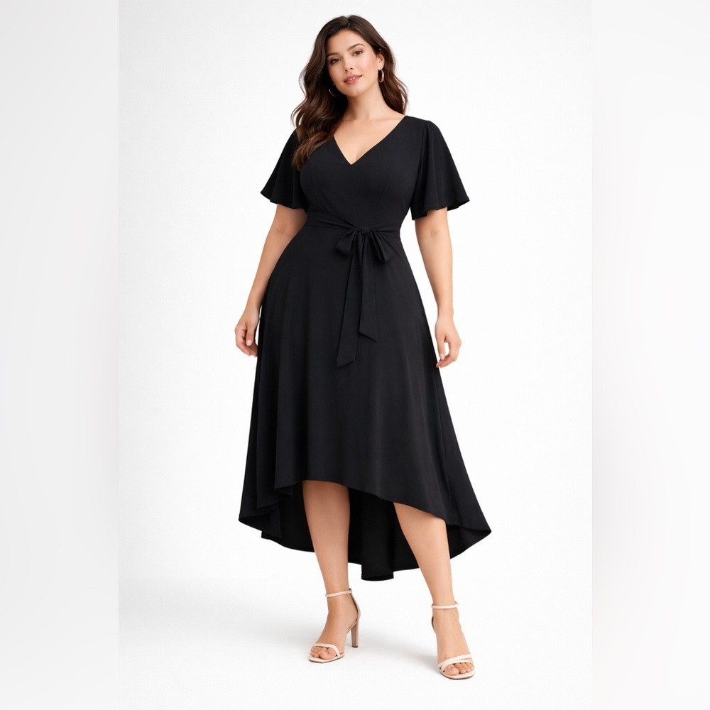 Lane Bryant Black High Low Midi Dress Flutter Sleeve Tie Waist Size 18