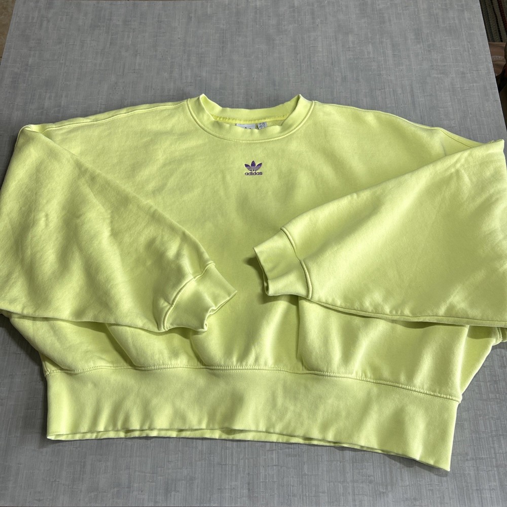 Adidas Women’s Adicolor Essentials Yellow Green Crew Sweatshirt Cropped Sz Large