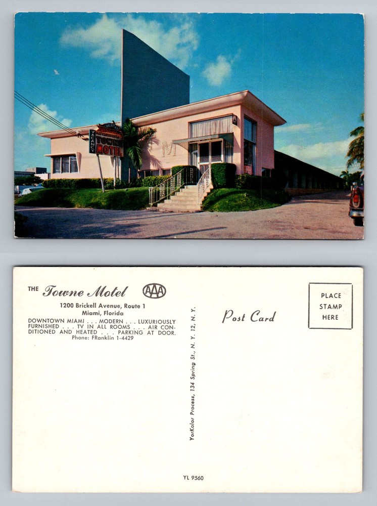 Miami, FL-Florida, Towne Motel Downtown Brickell Avenue Route 1 Vintage Postcard