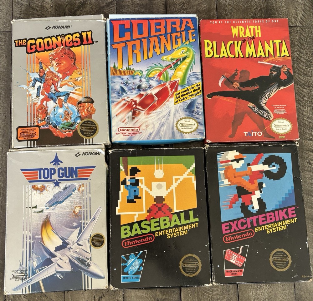 NES 6 Game Lot - Excitebike, Top Gun, Baseball, Goonies 2, Black Manta, Cobra T