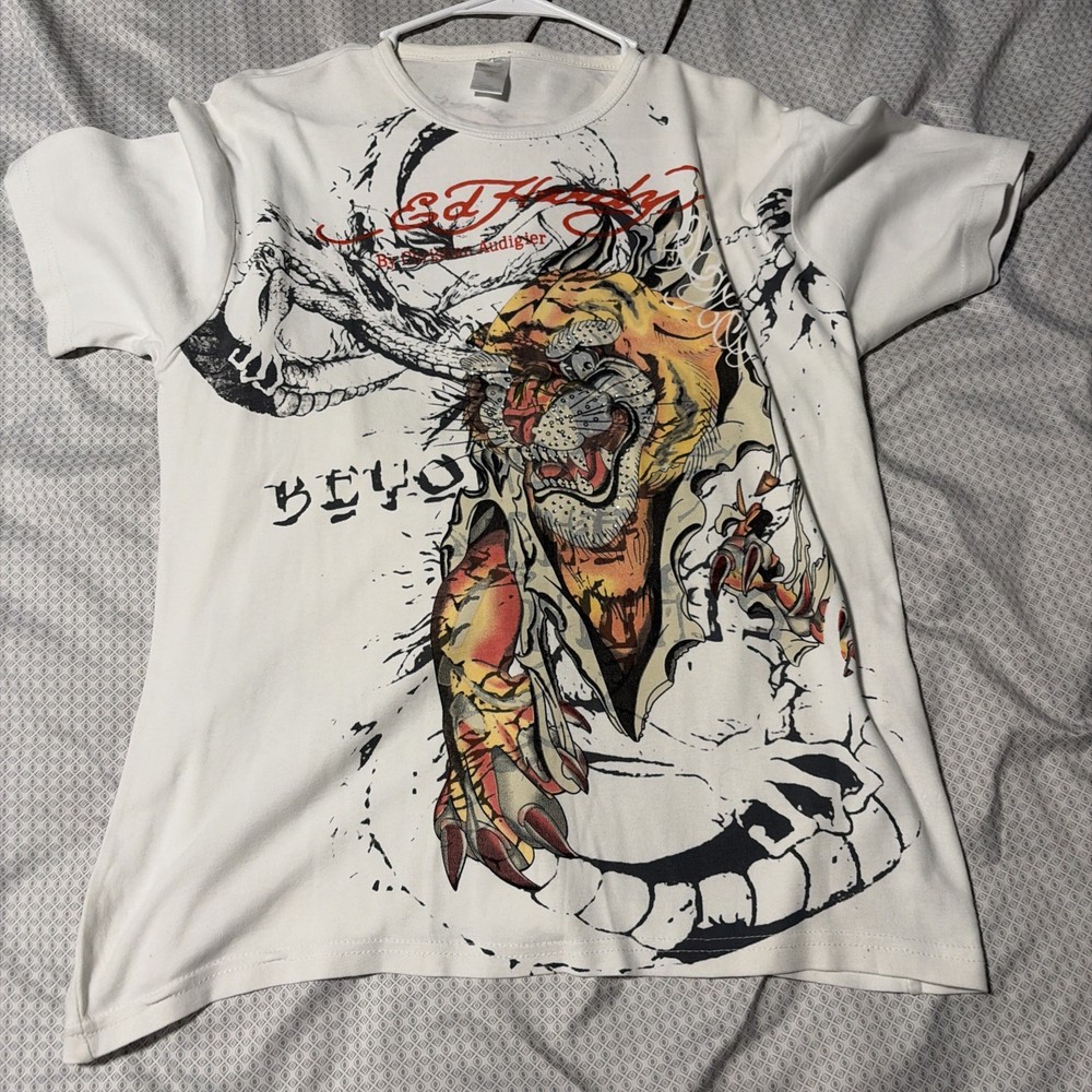 Ed Hardy Tiger Head Men's White T-Shirt SIZE L Y2K GRAPHIC TEE Avand garde