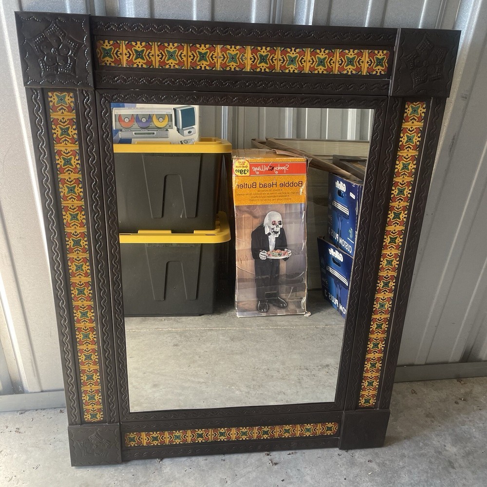 Vintage Mexican Handmade Punched Metal & Talavera Tile Rectangle Frame Mirror