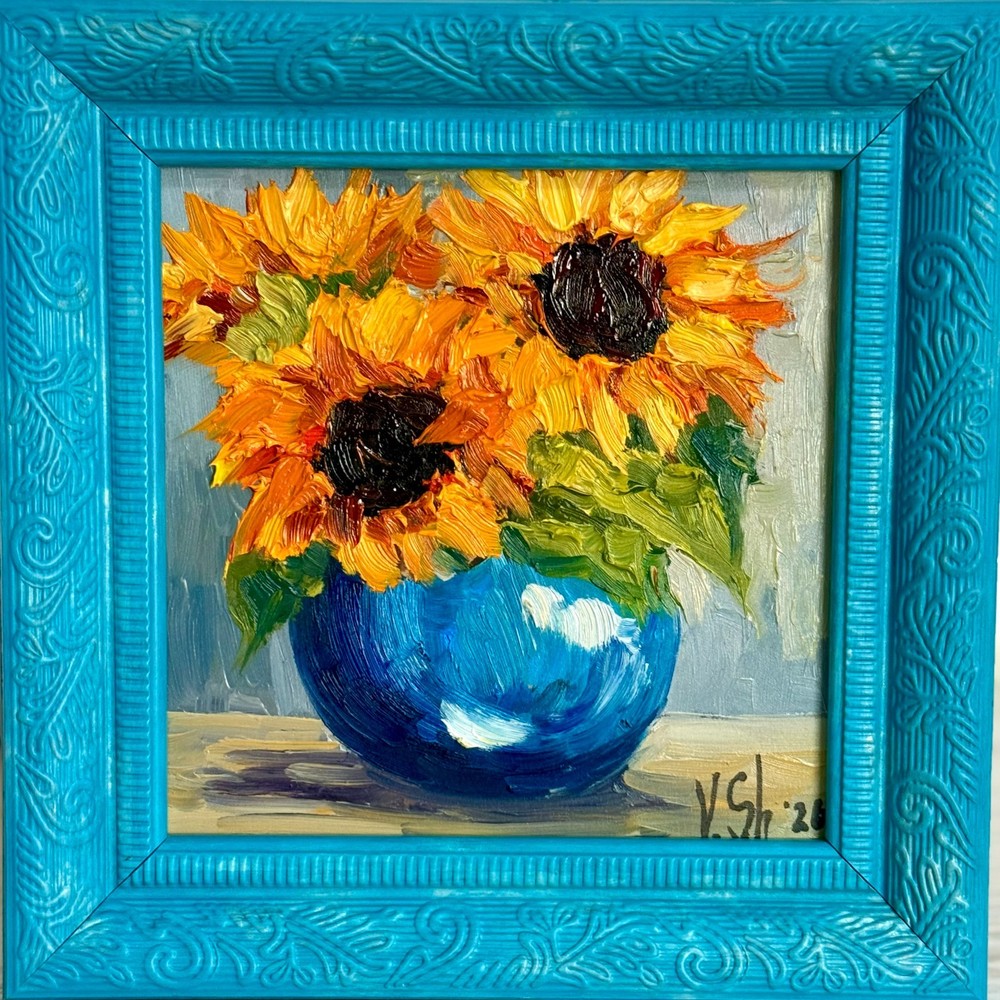 Sunflowers Oil Painting Original Art Impasto Flower Still Life Vintage Framed