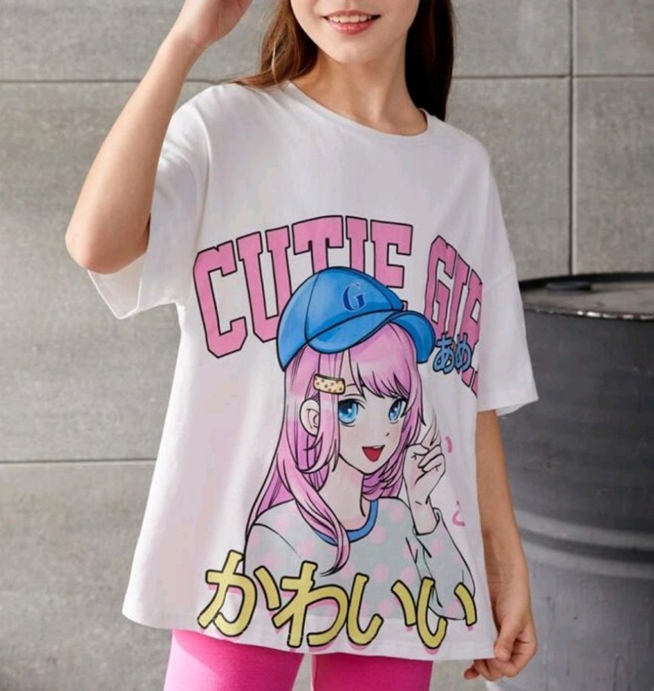 Girls SHEIN White Pink Anime Graphic Short Sleeve Tee Size 12