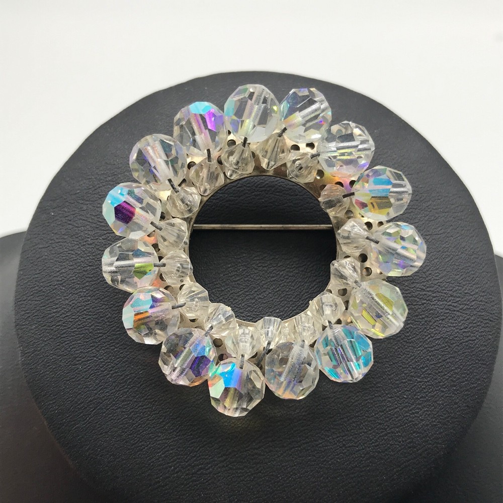 Vintage Clear Aurora Borealis AB Crystal Beaded Round Wreath Brooch Pin