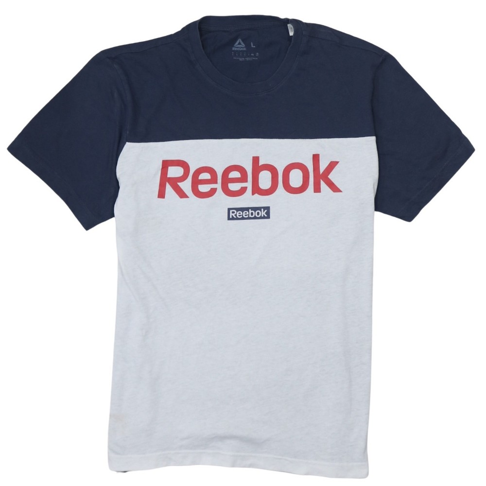 Reebok Mens T Shirt Navy Blue Colourblock Big Logo Relaxed Fit Sports L